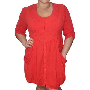 Gretty Fueger Boho Embroidered Crinkle Fire Red Dress Sz XL